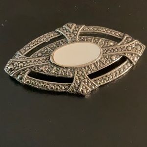 Vintage Silvertone Marcasite Mother of Pearl Oval Shape Pin Brooch